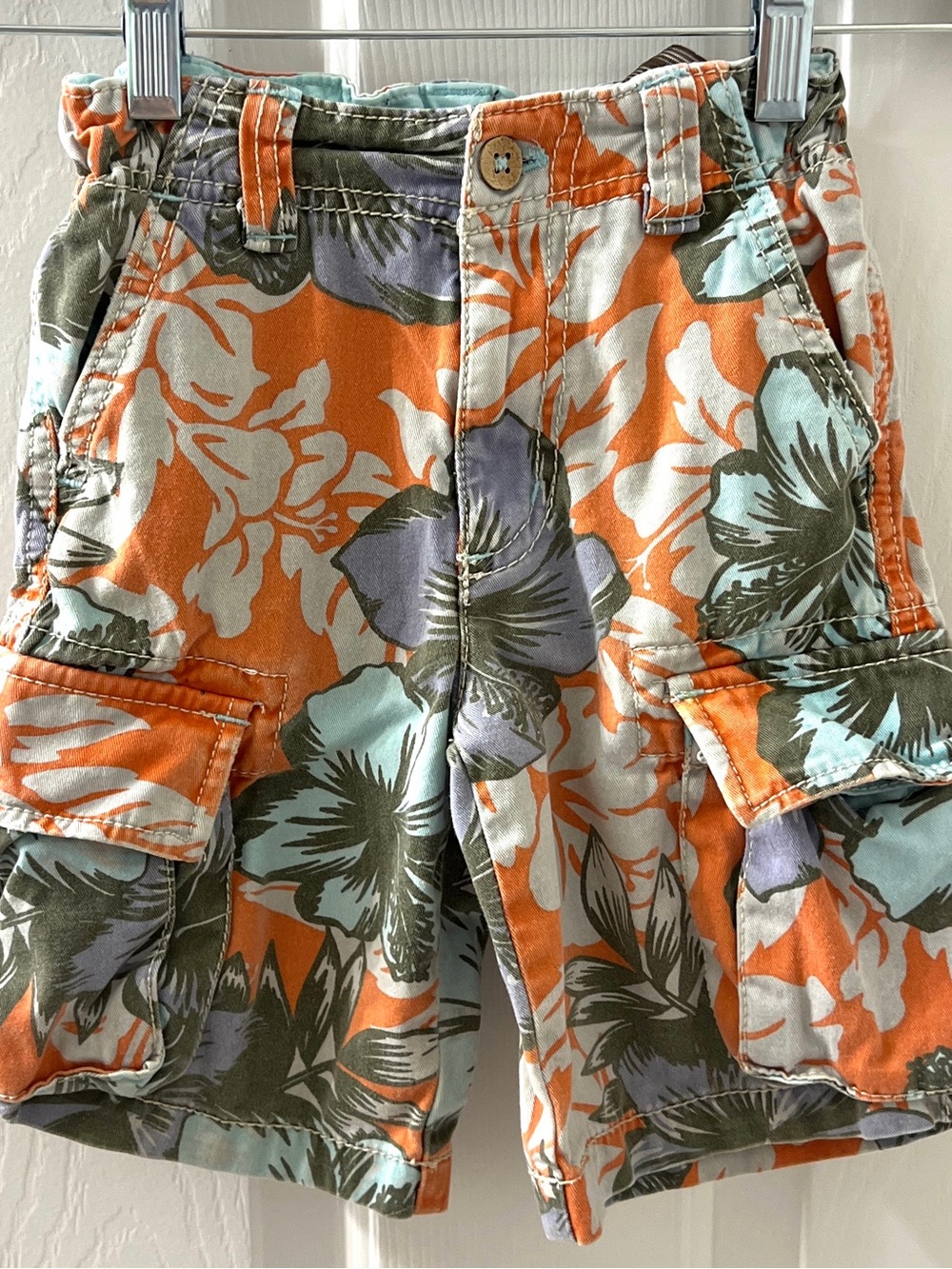 Mini Boden Boys Tropical Blue Orange Cargo Cotton Shorts Size 4 Adj Waist